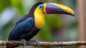 Vibrant Toucan Perched on Branch in Lush Tropical Environment with Bright Yellow Beak and Colorful Plumage photo