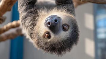 Curious sloth hanging upside down from a branch in a serene environment with captivating eyes and soft fur texture photo