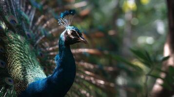 Vibrant Peacock Displaying Majestic Feathers in a Lush Green Jungle Environment Under Soft Natural Light photo