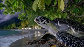 Majestic Sea Turtle Resting on Shoreline Under Moonlight with Tropical Landscape in Background photo