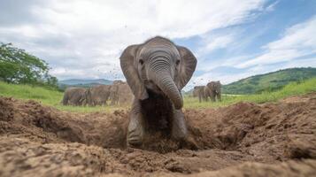 Adorable Young Elephant Playing in Mud with Background of Green Nature and Other Elephants on a Bright Sunny Day photo