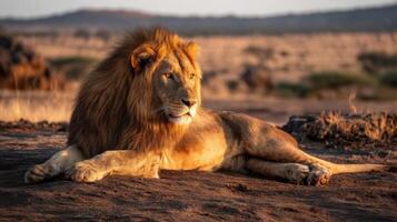 Majestic lion resting on rocky terrain during golden hour with sunlight illuminating its magnificent mane in the wild landscape photo