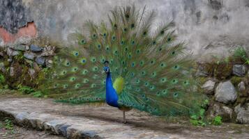 Vibrant peacock displaying colorful feathers in natural setting with blurred background and stone pathway photo