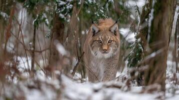 Majestic Eurasian Lynx Stealthily Walking Through Snowy Forest Surrounded by Trees and Natural Habitat photo