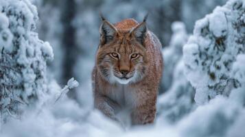 Majestic lynx stalking through deep snow in a tranquil winter landscape surrounded by frosty trees and soft white powder photo