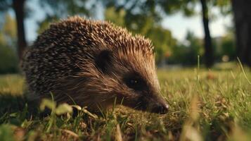 Close-up of a hedgehog foraging in a green park, showcasing its spiky fur and curious expression in natural light photo