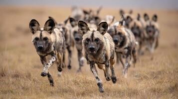 Pack of wild dogs running through open grassland in a dynamic chase scene, showcasing their energy and social behavior photo
