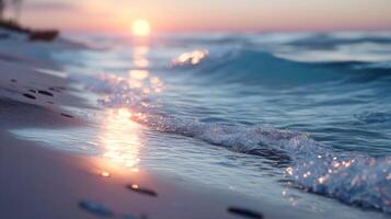 Serene Sunset Over Gentle Waves at Seashore with Shimmering Reflections and Soft Beach Sand at Dusk photo