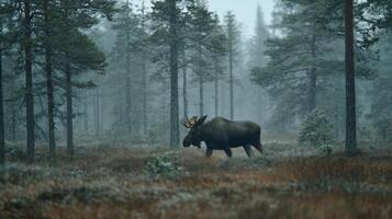 Majestic moose walking through misty forest with tall trees and serene atmosphere in early morning light photo