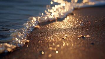 Gentle Ocean Waves Lapping on Sandy Shore with Sunset Reflections Over Calm Sea in Warm Tones and Soft Lighting photo