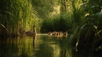 Serene Scene of a Mother Duck Leading Her Ducklings Through Tranquil Waters Surrounded by Lush Greenery in Soft Light photo
