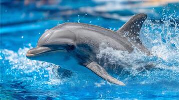 Magnificent dolphin jumping gracefully above vibrant azure water surface creating splashes of droplets in bright sunlight photo