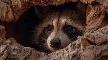 Close-Up of a Raccoon Peeking Out from a Hollowed Tree Trunk in Natural Habitat During Daylight photo