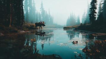 Majestic moose standing in serene lake surrounded by misty forest landscape reflecting calm nature beauty and tranquility photo