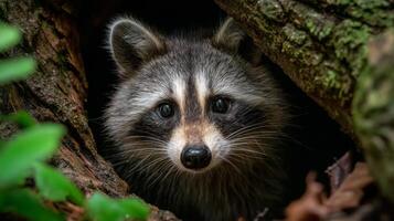 Adorable raccoon peering from hollow log in serene forest setting with vibrant greenery and natural ambiance photo