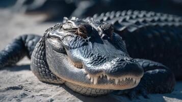 Close-Up of a Lying Alligator with Intricate Scales Under Bright Sunlight in a Natural Environment photo