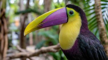 Vibrant toucan with colorful beak perched in a lush tropical environment surrounded by green foliage and natural habitat photo