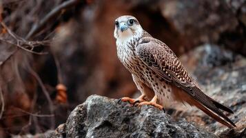 Majestic bird of prey perched on rocky surface with keen eyes observing its surroundings in natural habitat photo