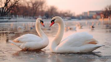 Elegant swans gracefully swimming in a serene sunset on a calm, frozen lake with soft reflections and peaceful surroundings photo