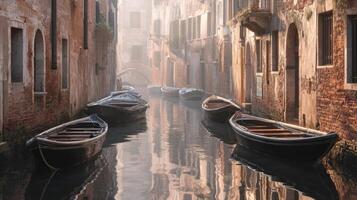 Serene Morning in Venice with Rowboats and Misty Canals Captured in Soft Light and Tranquil Atmosphere photo