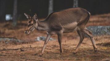 Graceful Young Deer Walking Through a Natural Forest Habitat Surrounded by Trees and Autumnal Vegetation photo