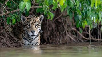 Majestic Jaguar Peering from Lush Greenery by the Water's Edge in a Serene Natural Habitat photo