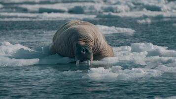Majestic walrus resting on ice floes in tranquil Arctic waters under clear sky showcasing wildlife and natural beauty photo