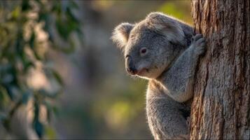 Adorable koala clinging to a tree trunk in a serene natural setting captured during the golden hour of sunlight photo