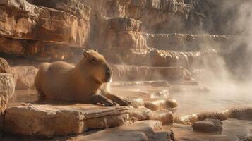 Capybara Relaxing by Steamy Mineral Springs Surrounded by Rocky Terrain in Early Morning Light photo