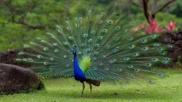 Majestic peacock displaying vibrant tail feathers in lush green garden setting with blurred background and natural beauty photo