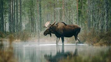 Majestic moose standing in misty forest pond surrounded by lush greenery and serene nature in tranquil wilderness setting photo