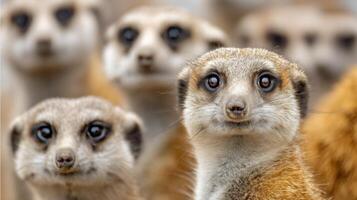 Group of attentive meerkats standing close together in a natural habitat displaying curiosity and alertness in their expressions photo