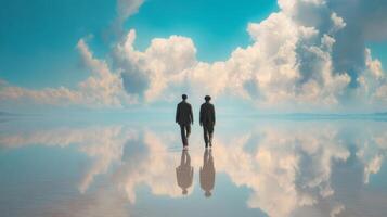 Two Individuals Walking Toward Horizon Reflecting Azure Sky and Fluffy Clouds on Serene Water Surface at Sunrise photo