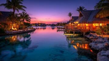 Serene Tropical Landscape with Resort at Sunset Over Calm Waters and Colorful Sky in Paradise Island Setting photo