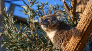 Adorable koala resting on a tree branch surrounded by lush green foliage in a bright natural habitat under clear blue sky photo