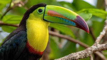Vibrant Toucan with Colorful Beak Posing Among Lush Greenery in a Tropical Setting photo