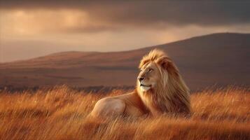 Majestic lion resting in golden grassland during sunset with mountains in background capturing the essence of wild nature photo
