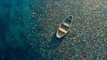Boat Surrounded by Colorful Plastic Waste in a Polluted Ocean Environment Highlighting Global Environmental Challenges photo