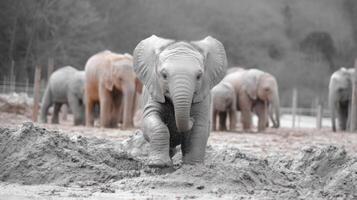 Baby Elephant Playing in Mud with Adult Elephants in Background at Wildlife Sanctuary Captured in Black and White Tones photo