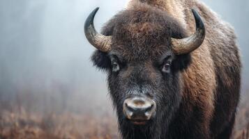 Majestic Bison Stands in Woodland Fog, Capturing the Beauty of Wildlife in Natural Habitat During Early Morning Hours photo