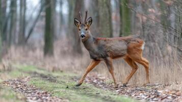 Roe deer walking through a serene forest path, showcasing its graceful movement and natural habitat during autumn season photo
