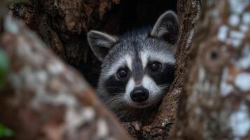 Curious raccoon peeking out from hollow tree trunk in a forest setting, surrounded by natural wildlife environment photo
