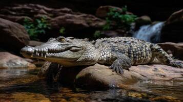 Crocodile Relaxing on Rock Near Waterfall in Lush Green Forest Setting photo