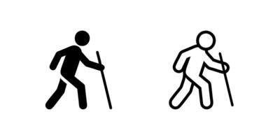 Man Walking with Stick Icon Collection in outline and glyph styles. Represents support or elderly care. Perfect for healthcare design. vector