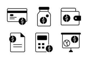 Finance icon set with payment card, saving jar, wallet, bank settlement, budget calculation, and budget chart. Ideal for financial designs. vector