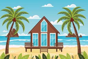 modern beach house on stilts with large windows surrounded by palm trees flat illustration. vector