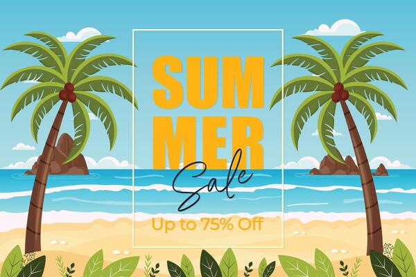 summer sale banner with discount text on tropical beach landscape illustration.