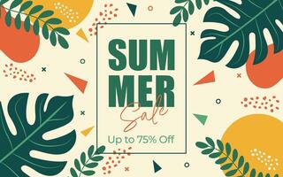 Summer sale abstract banner with tropical leaves flat illustration. vector