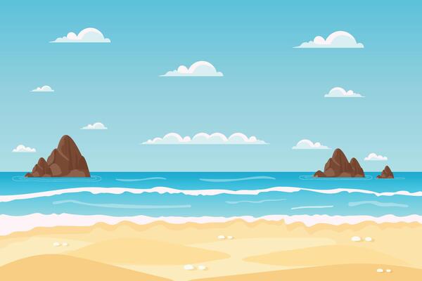 tropical beach landscape with ocean rocks clouds and sand illustration.