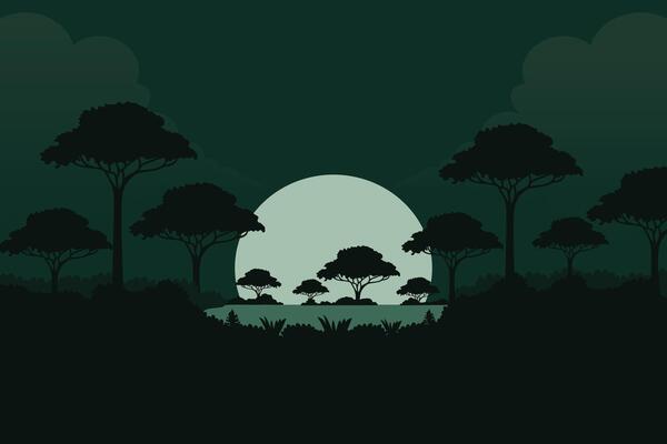 minimalistic tropical night landscape with tree silhouettes and moon view in green tones illustration.